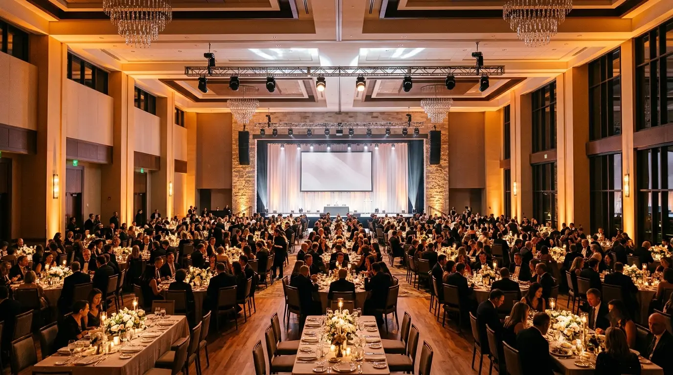 Large premium event transformed by professional architectural and stage lighting